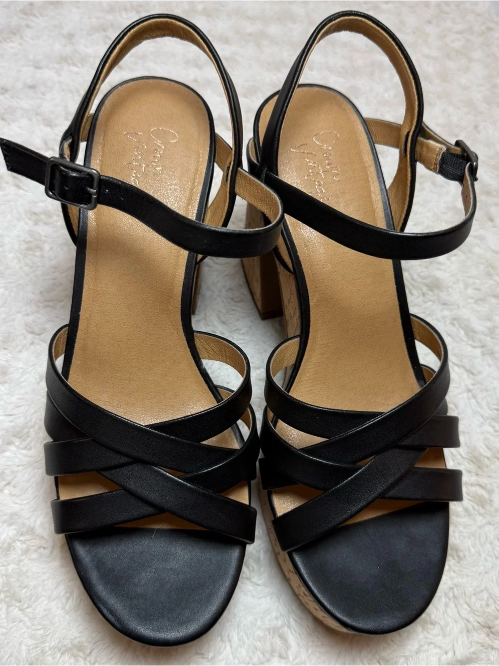 Crown Vintage Black Strappy Cork Platform Heels